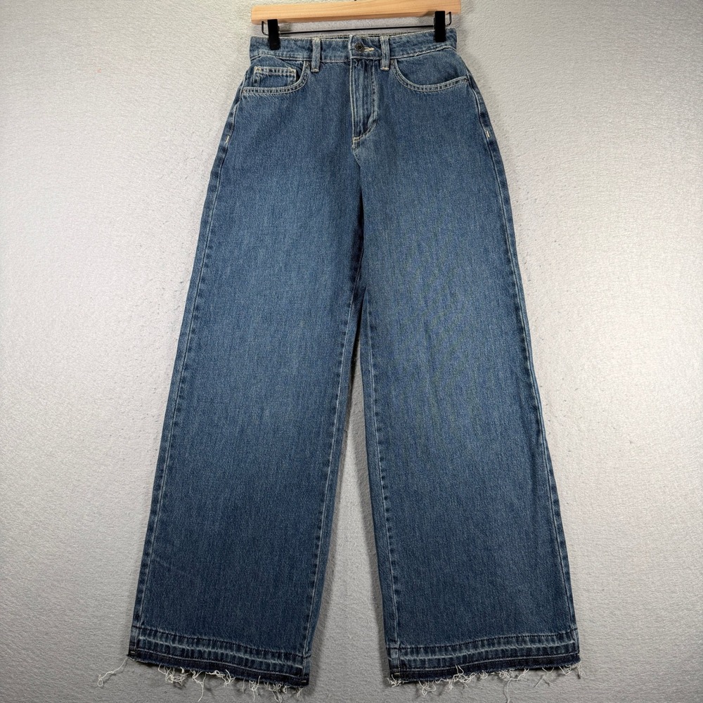 Cotton On Relaxed Wide Leg Crop Jeans Distressed Frayed‎ Hem Blue Denim Size 24